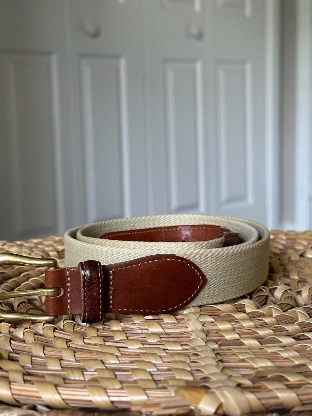 Vintage Coach Cream Canvas Belt with Brown Leather Accents and Brass Buckle